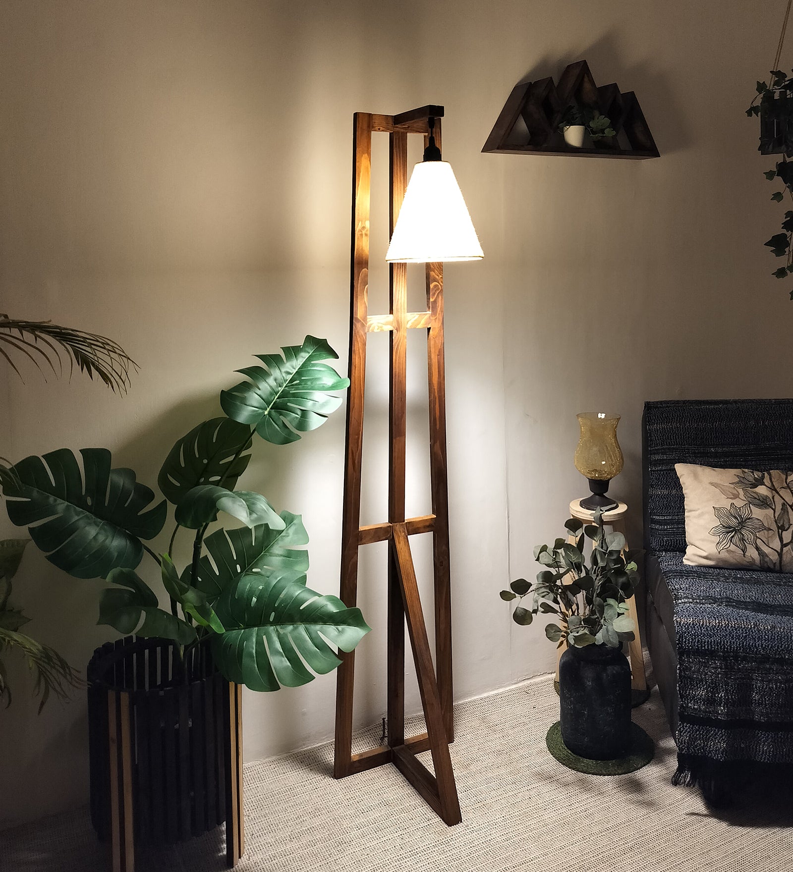 Achille Wooden Floor Lamp with Brown Base and Jute Fabric Lampshade (BULB NOT INCLUDED)