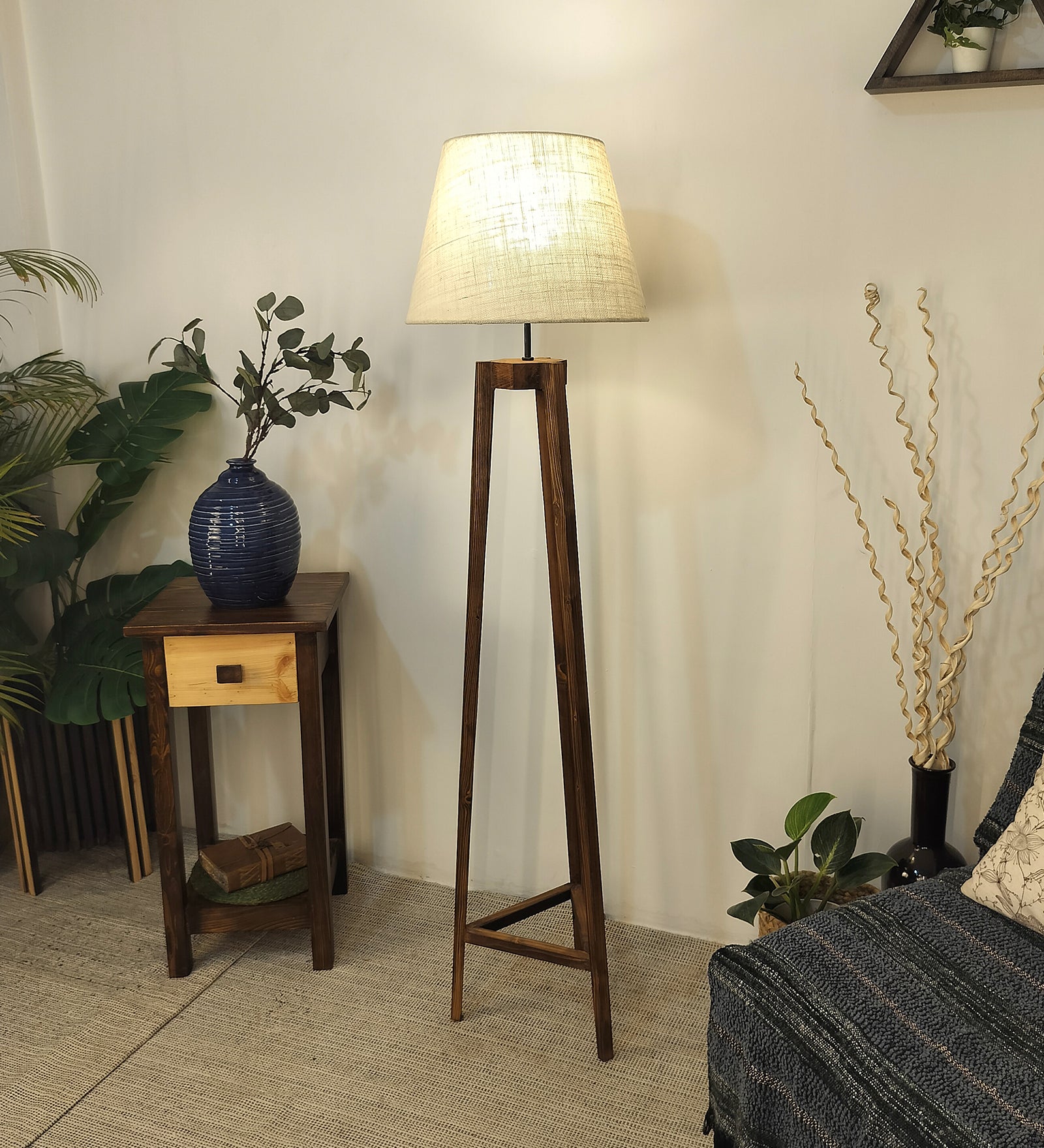 Adrienne Wooden Floor Lamp with Brown Base and Premium Beige Fabric Lampshade (BULB NOT INCLUDED)