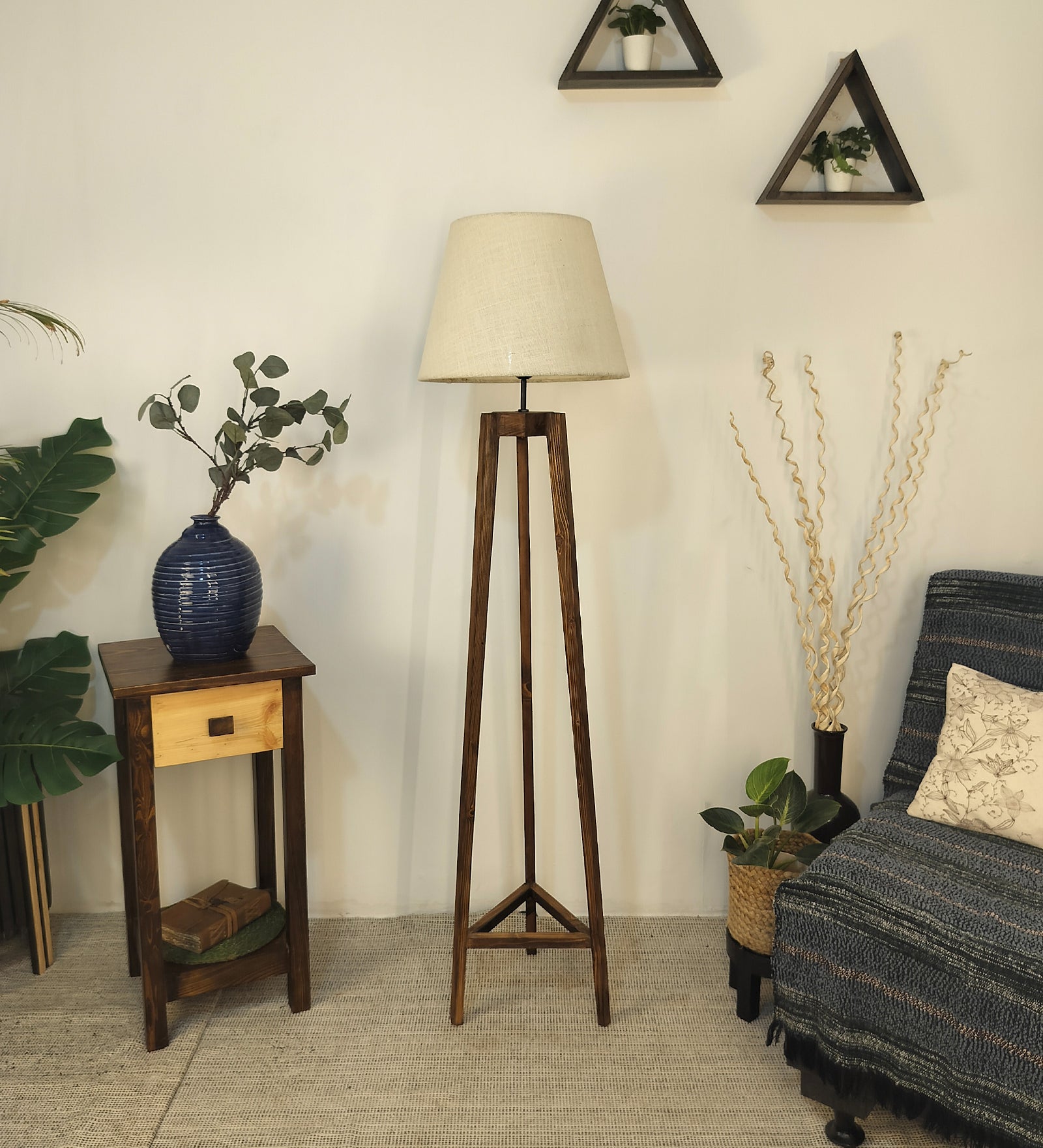 Adrienne Wooden Floor Lamp with Brown Base and Premium Beige Fabric Lampshade (BULB NOT INCLUDED)