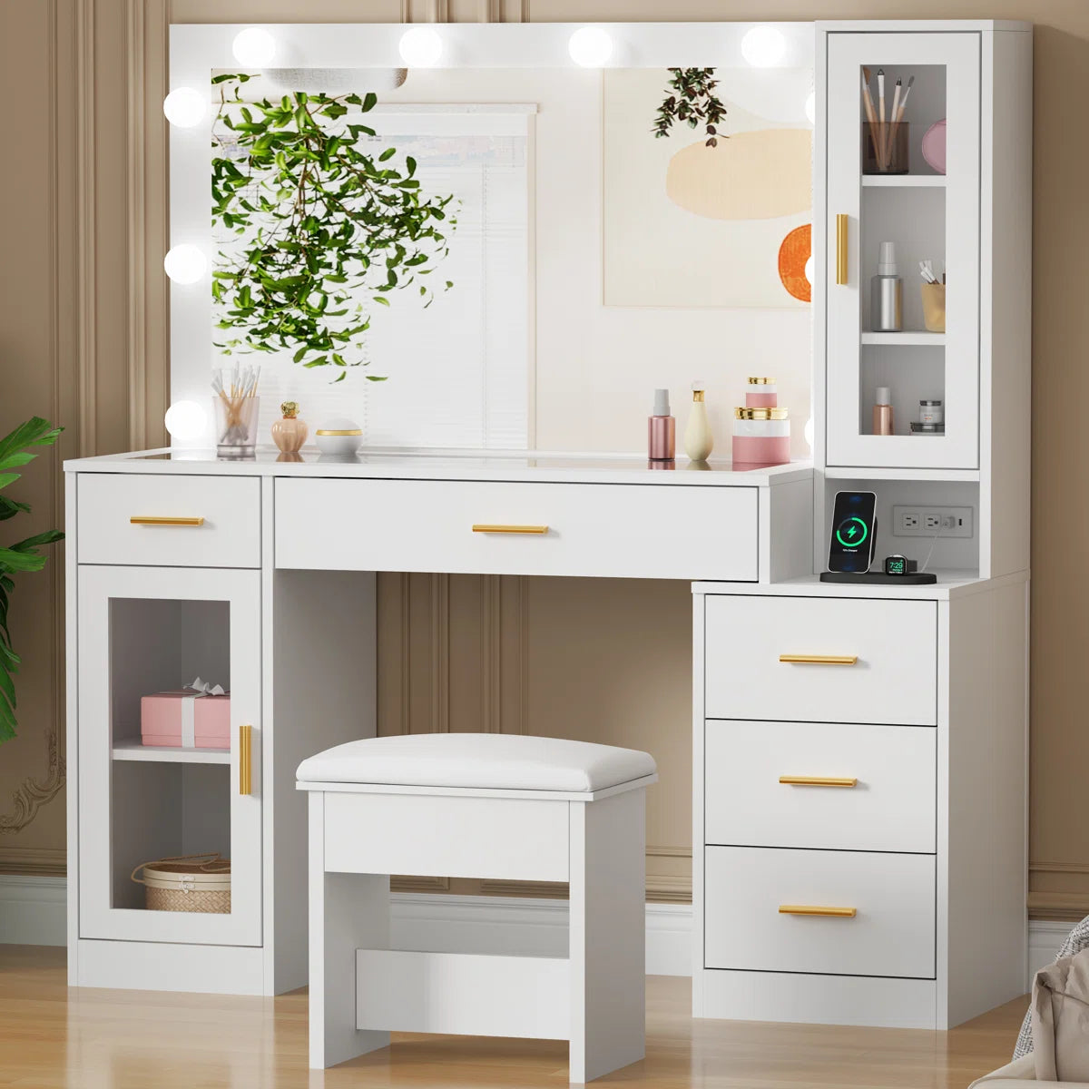 Adriel Large 49.2" Makeup Vanity Table with Stool, Adjustable LED Mirror Lights, and USB Charging Port