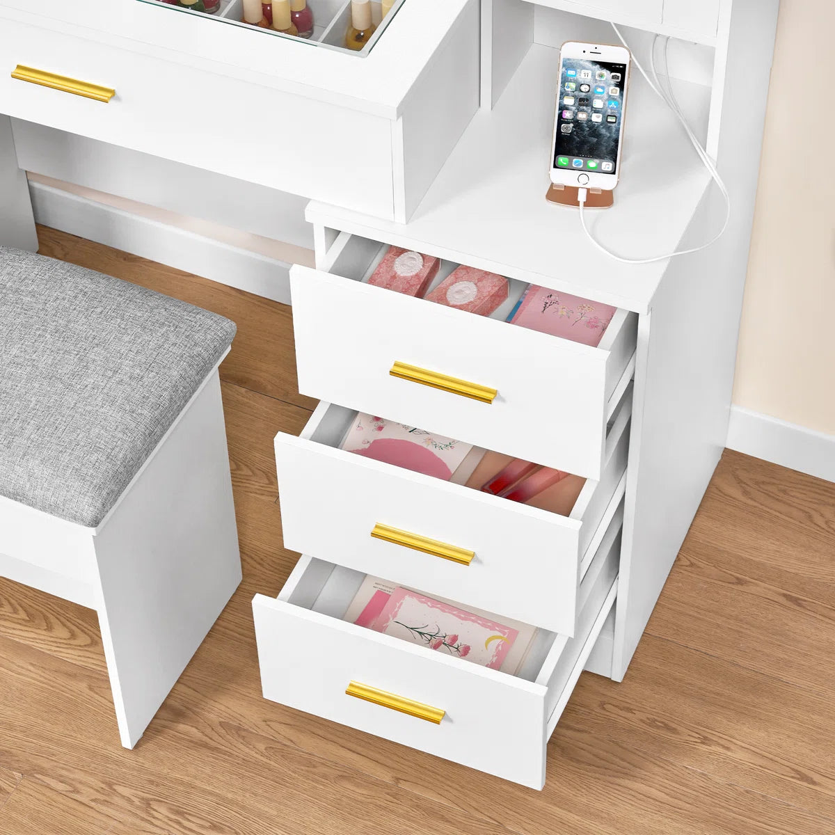 Adriel Large 49.2" Makeup Vanity Table with Stool, Adjustable LED Mirror Lights, and USB Charging Port