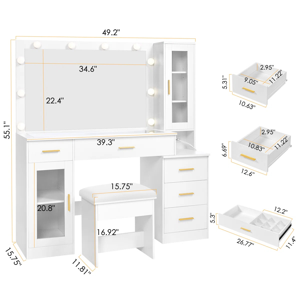 Adriel Large 49.2" Makeup Vanity Table with Stool, Adjustable LED Mirror Lights, and USB Charging Port