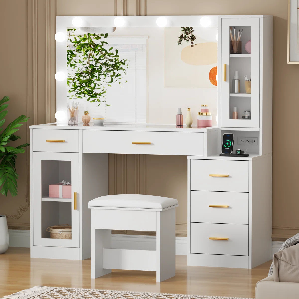 Adriel Large 49.2" Makeup Vanity Table with Stool, Adjustable LED Mirror Lights, and USB Charging Port