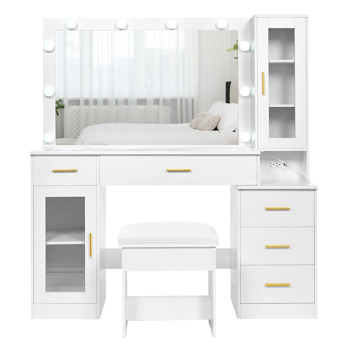Adriel Large 49.2" Makeup Vanity Table with Stool, Adjustable LED Mirror Lights, and USB Charging Port