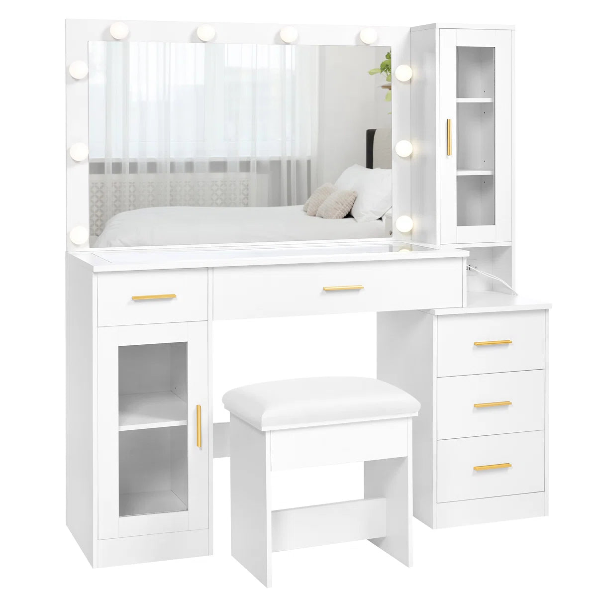 Adriel Large 49.2" Makeup Vanity Table with Stool, Adjustable LED Mirror Lights, and USB Charging Port