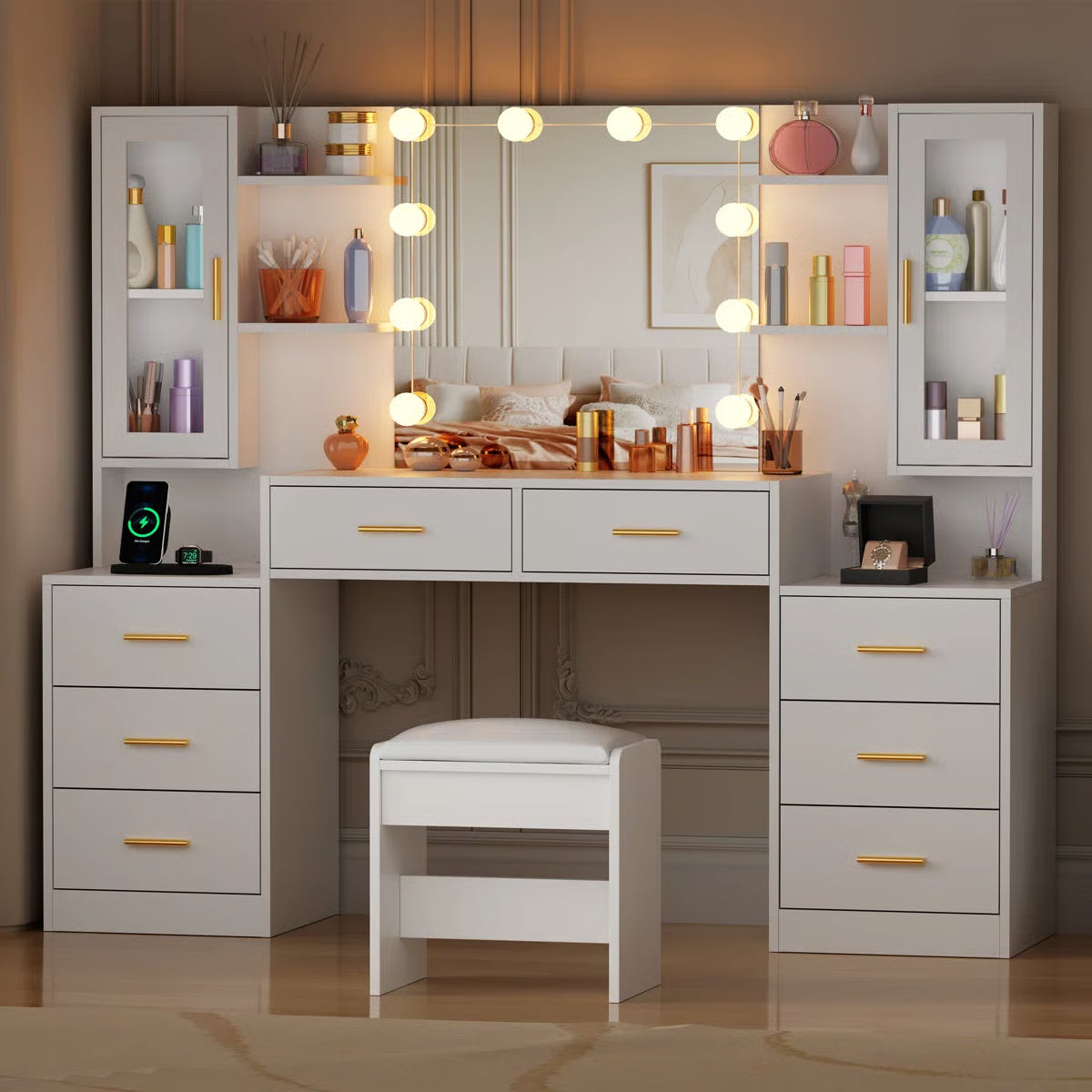 Adriel Large 59.1" Vanity Desk with Lighted Mirror, Storage Drawers, Cabinets, and Charging Station- OUCH CART | Dressing table 