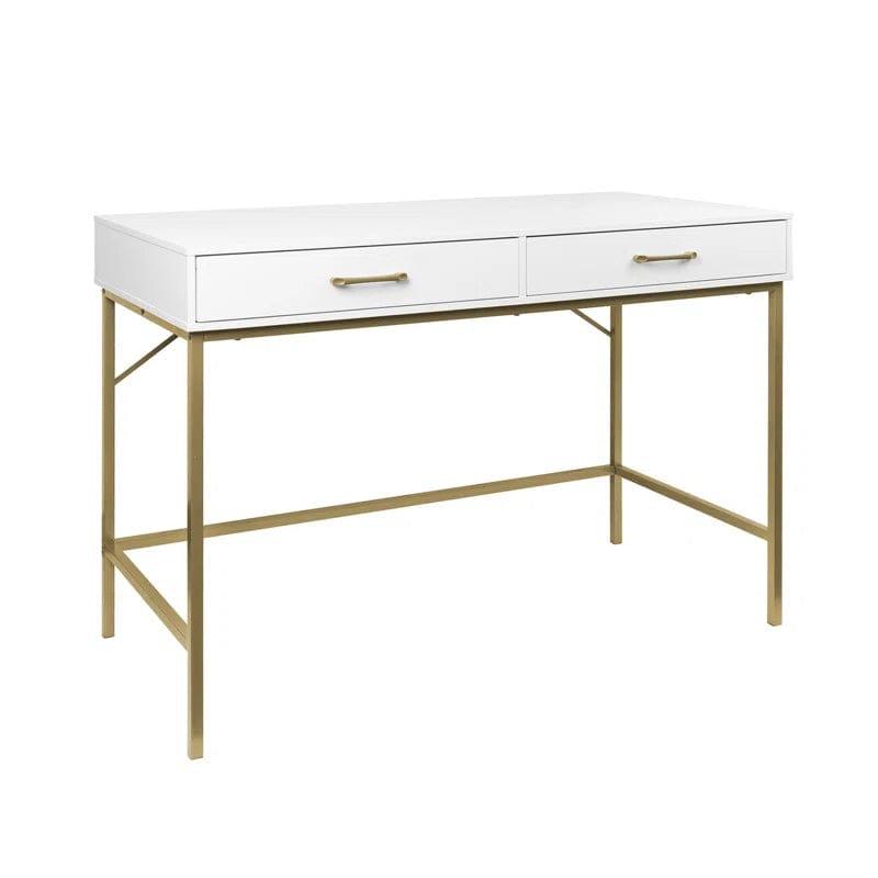 White Vanity Desk with Drawers, Computer Desk with Gold Leg, Makeup Dresssing Table for Bedroom, Home Office, Dressing Room, Study, Living Room, White and Gold - Ouch Cart 