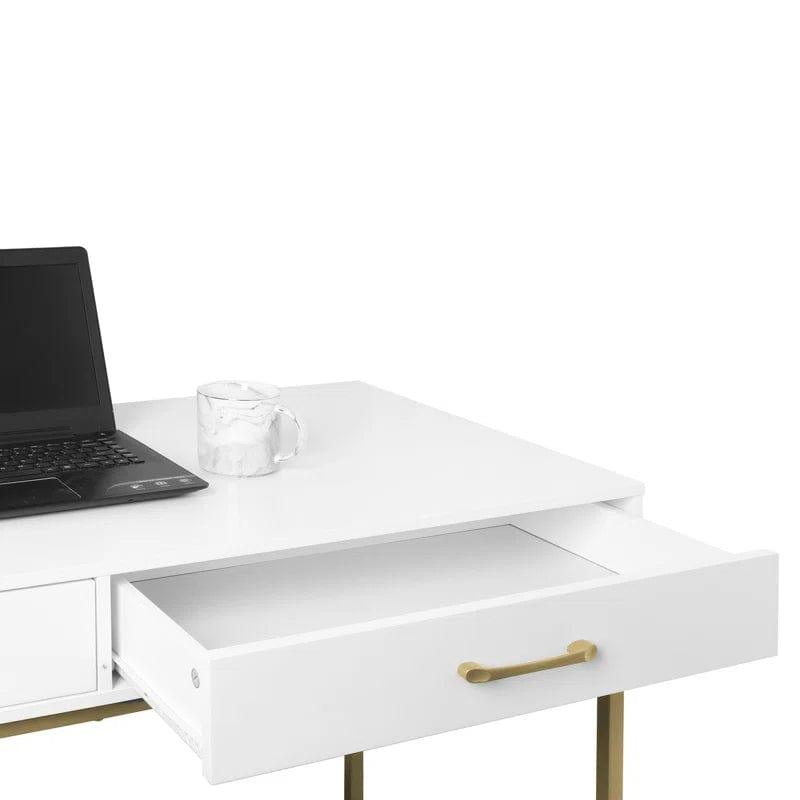 White Vanity Desk with Drawers, Computer Desk with Gold Leg, Makeup Dresssing Table for Bedroom, Home Office, Dressing Room, Study, Living Room, White and Gold - Ouch Cart 