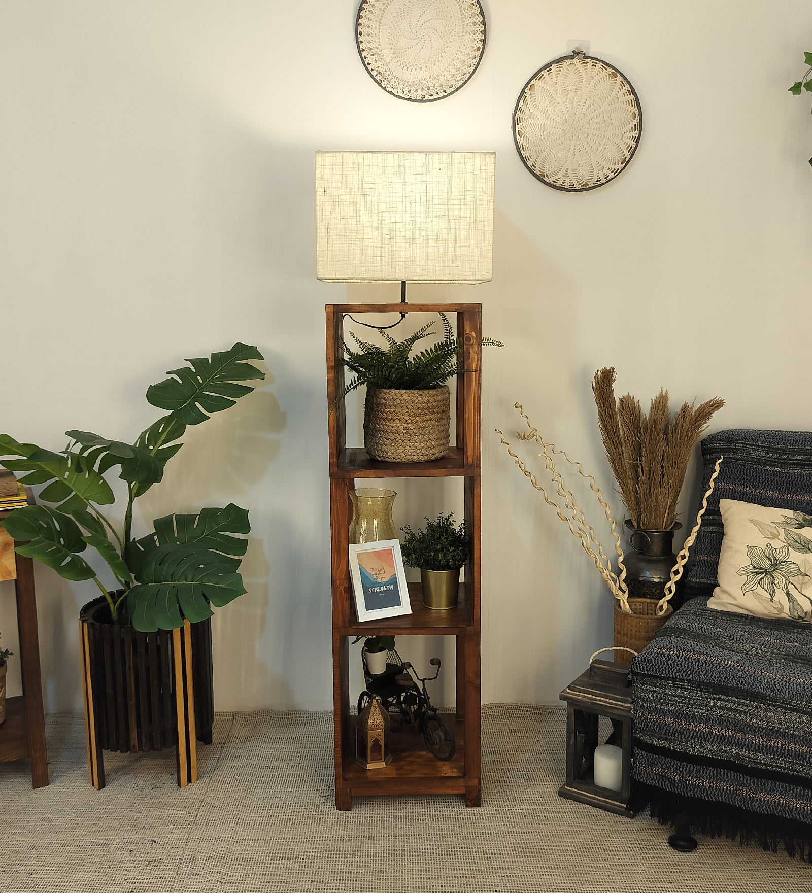 Agnes Wooden Floor Lamp with Brown Base and Jute Fabric Lampshade (BULB NOT INCLUDED)