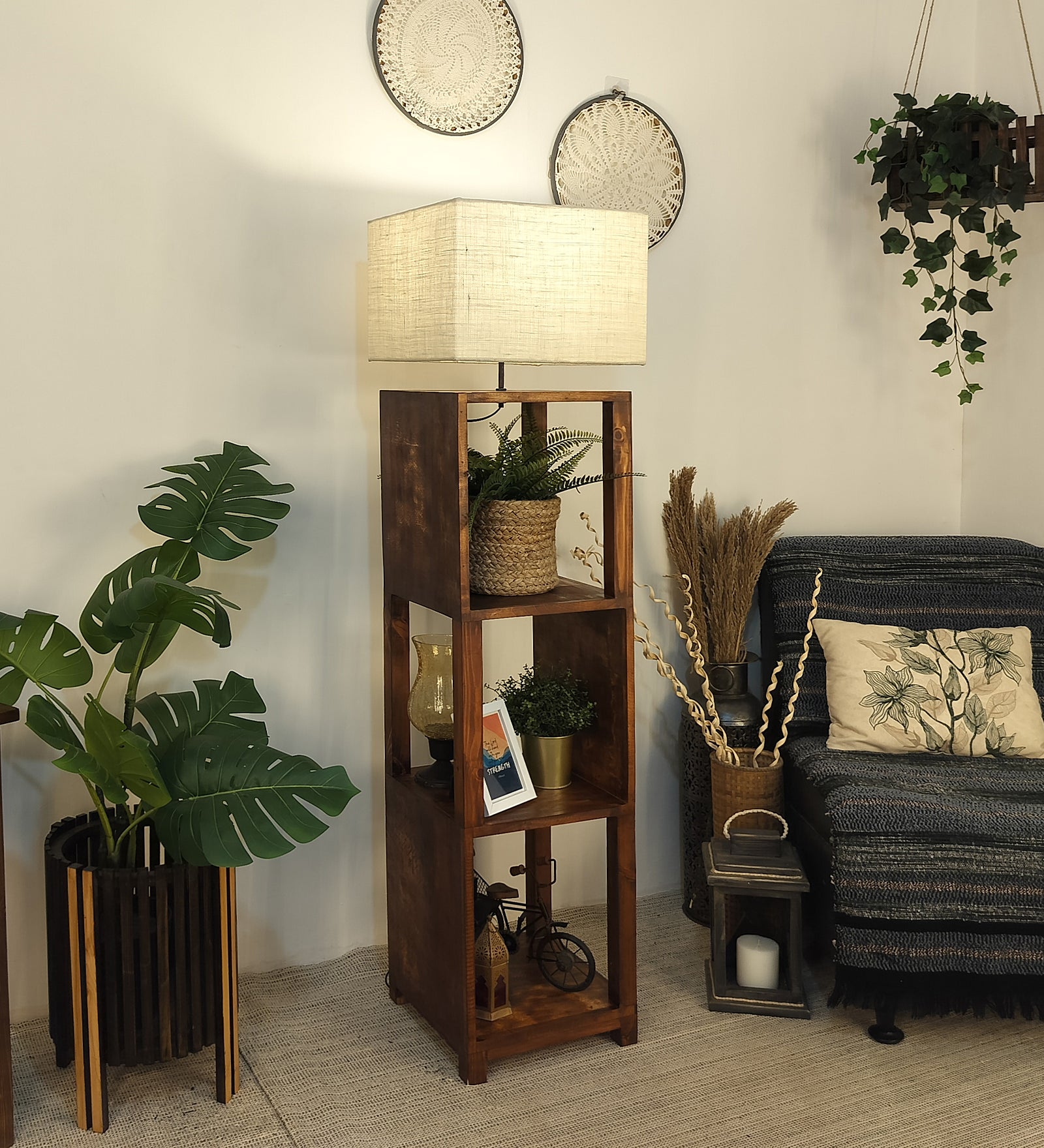 Agnes Wooden Floor Lamp with Brown Base and Jute Fabric Lampshade (BULB NOT INCLUDED)