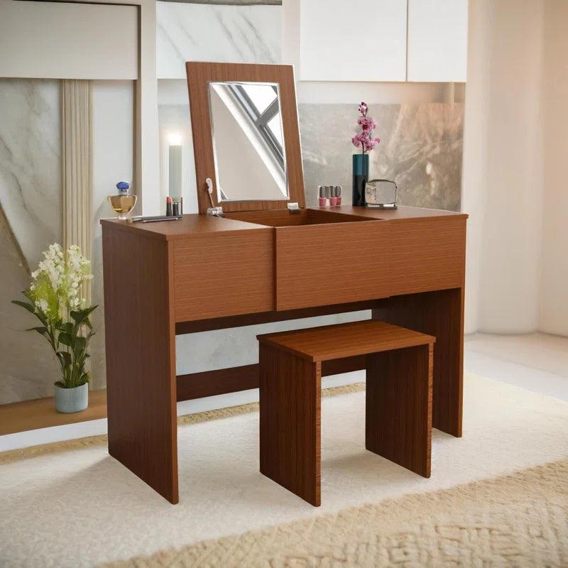 Kaito Walnut Dressing Table with Mirror and Stool Dresser Makeup Desk Bedroom - Ouch Cart 