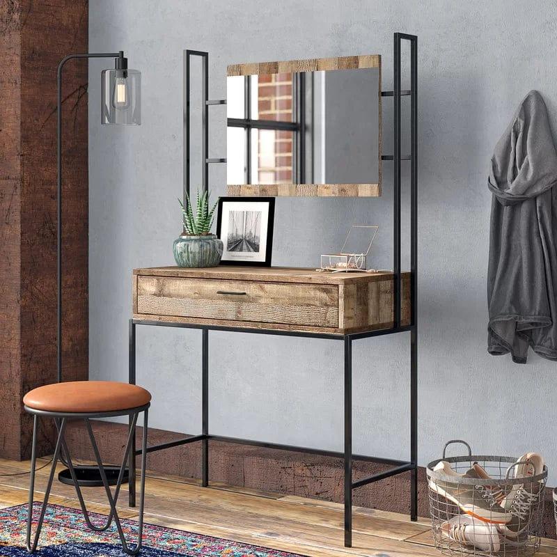 Black and Brown Vanity Desk with Mirror, Modern Makeup Dressing Table Adjustable one Sliding Drawer, Vanity Table Set,Writing Desk Bedroom - Ouch Cart 