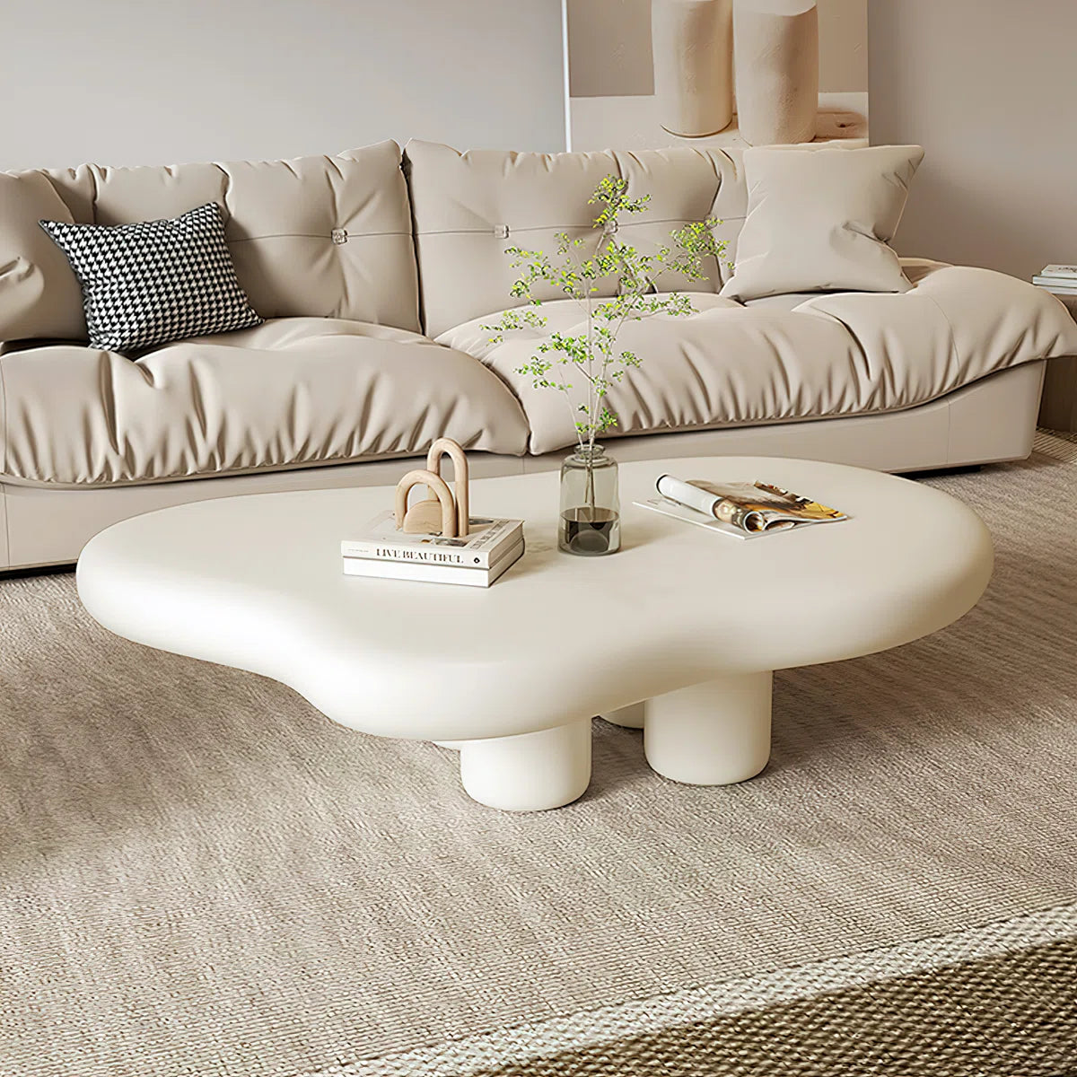 Cream Cloud Coffee Table | Modern Irregular Curved Center Table with Smooth Finish for Living Room