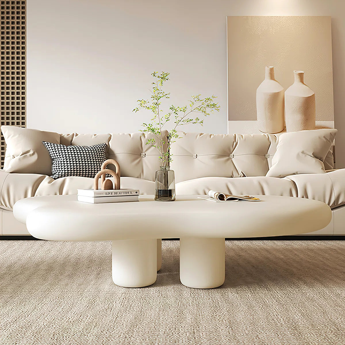 Cream Cloud Coffee Table | Modern Irregular Curved Center Table with Smooth Finish for Living Room