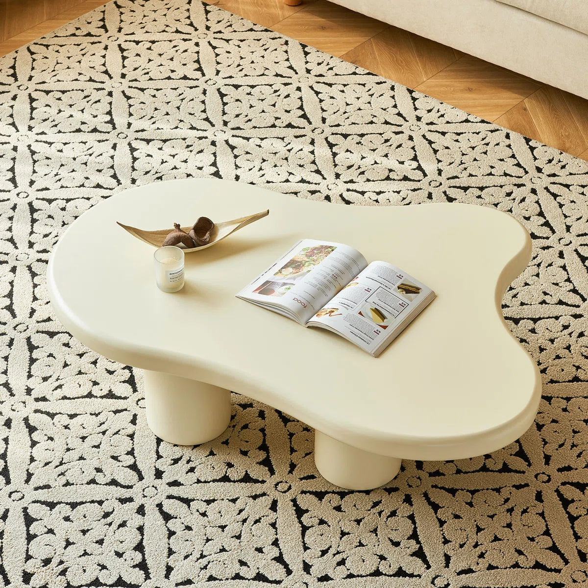 Cream Cloud Coffee Table | Modern Irregular Curved Center Table with Smooth Finish for Living Room