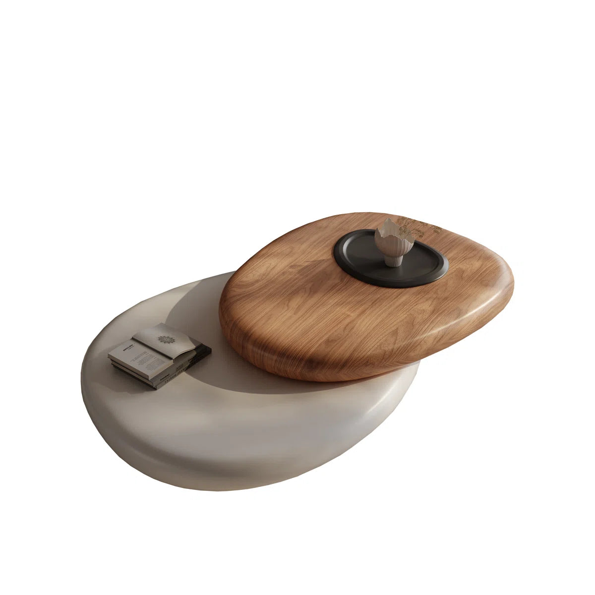 Rotating Dual-Tier Coffee Table – Modern Pebble-Inspired Wooden Top Center Table for Living Room