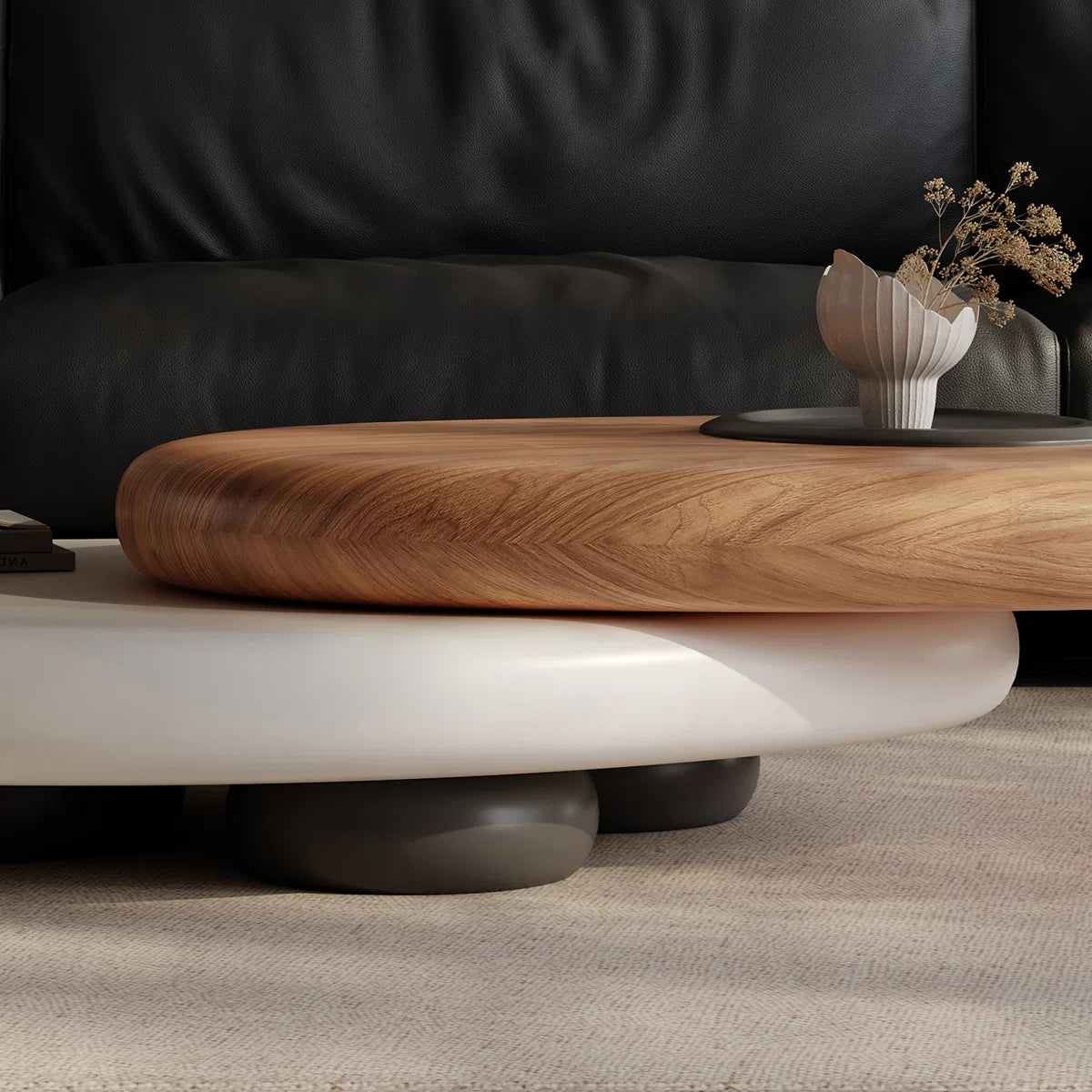 Rotating Dual-Tier Coffee Table – Modern Pebble-Inspired Wooden Top Center Table for Living Room
