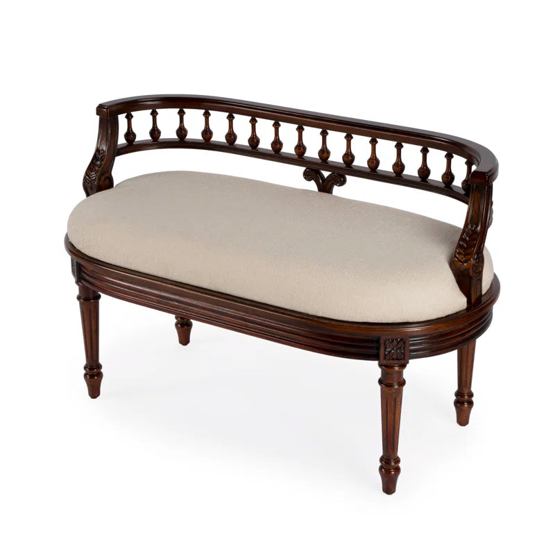 Classic Upholstered Wooden Bench – Antique Style Accent Bench with Carved Back for Living Room or Entryway
