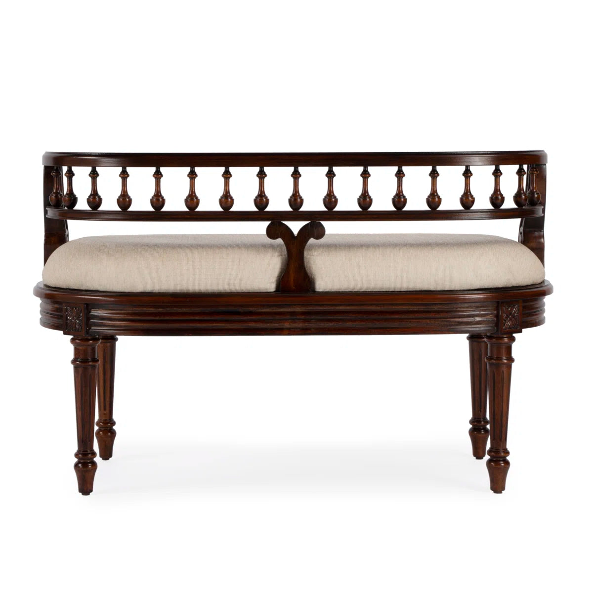 Classic Upholstered Wooden Bench – Antique Style Accent Bench with Carved Back for Living Room or Entryway