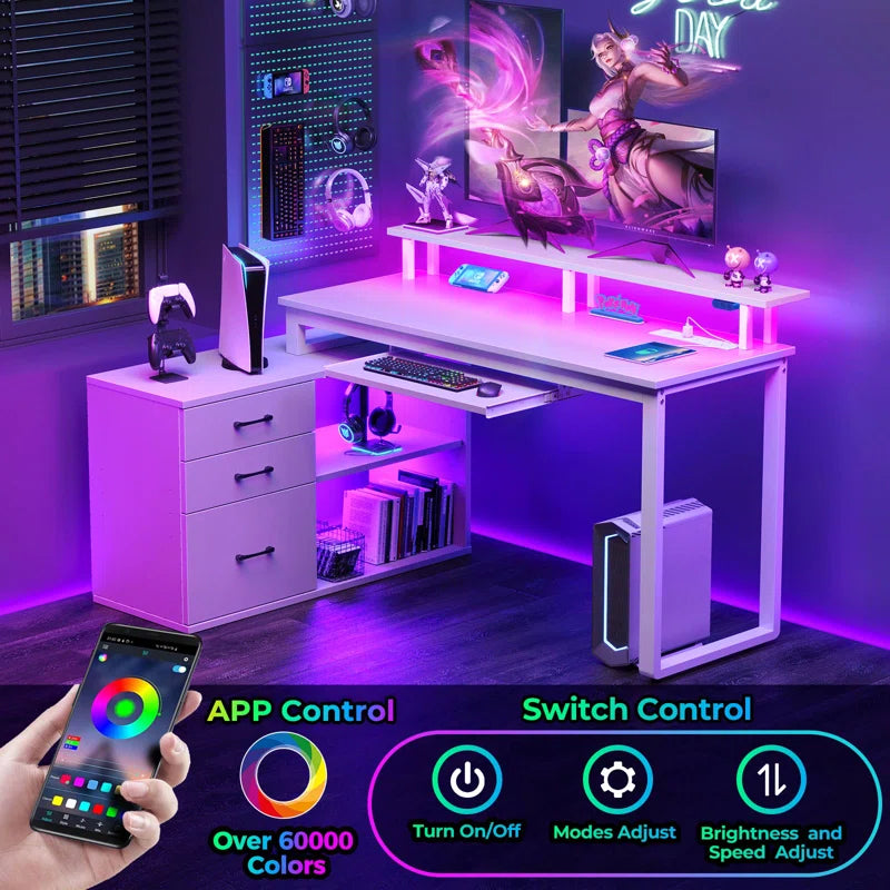 L Shaped Computer Desk with File Drawer, LED Lights and Keyboard Tray See More by Ivy Bron