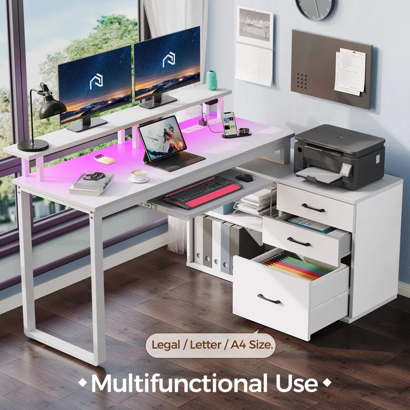 L Shaped Computer Desk with File Drawer, LED Lights and Keyboard Tray See More by Ivy Bron
