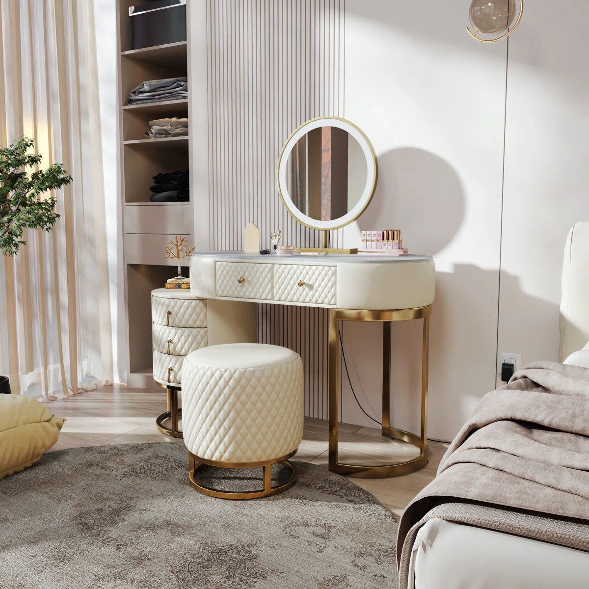 Pine Wood Vanity Set with Lighted Standing Mirror, Marble Top & Storage – Includes Stool