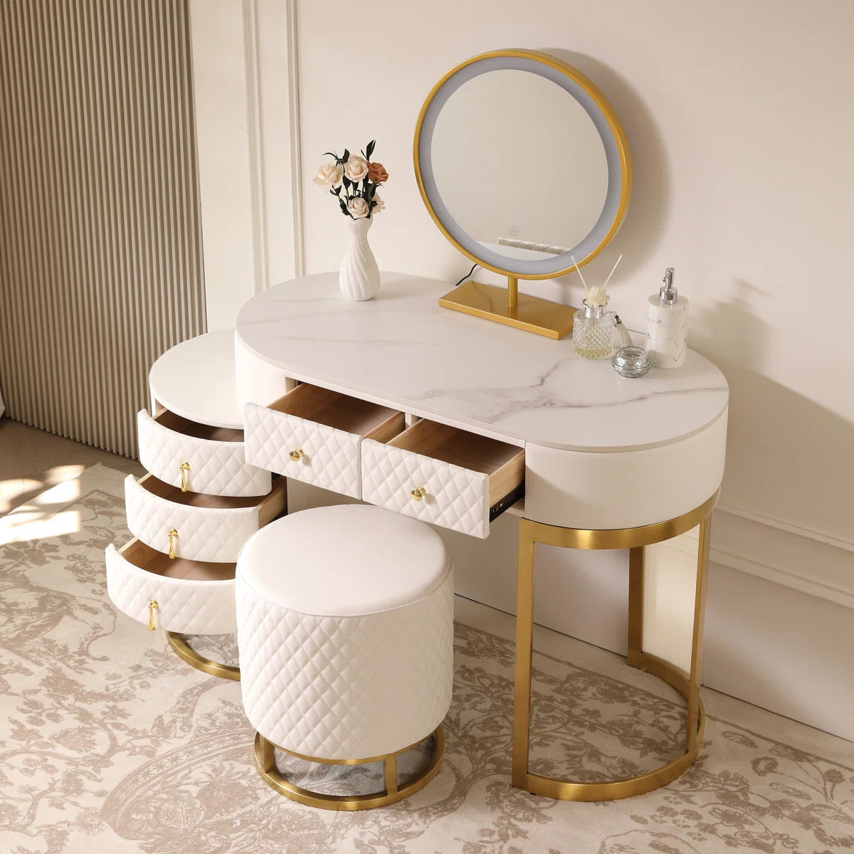 Pine Wood Vanity Set with Lighted Standing Mirror, Marble Top & Storage – Includes Stool