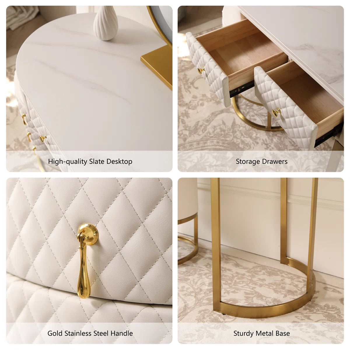 Pine Wood Vanity Set with Lighted Standing Mirror, Marble Top & Storage – Includes Stool