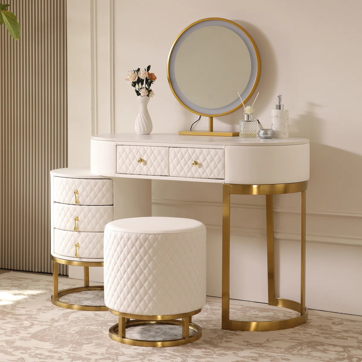 Pine Wood Vanity Set with Lighted Standing Mirror, Marble Top & Storage – Includes Stool