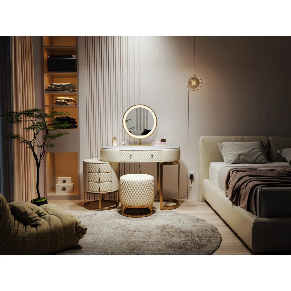 Pine Wood Vanity Set with Lighted Standing Mirror, Marble Top & Storage – Includes Stool