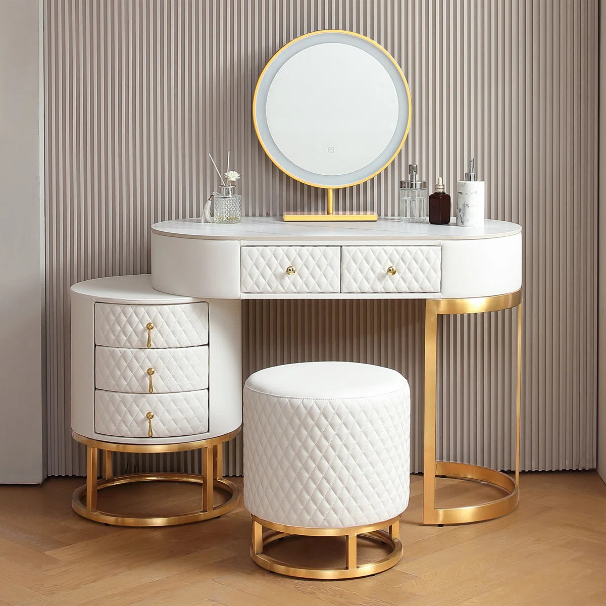 Pine Wood Vanity Set with Lighted Standing Mirror, Marble Top & Storage – Includes Stool