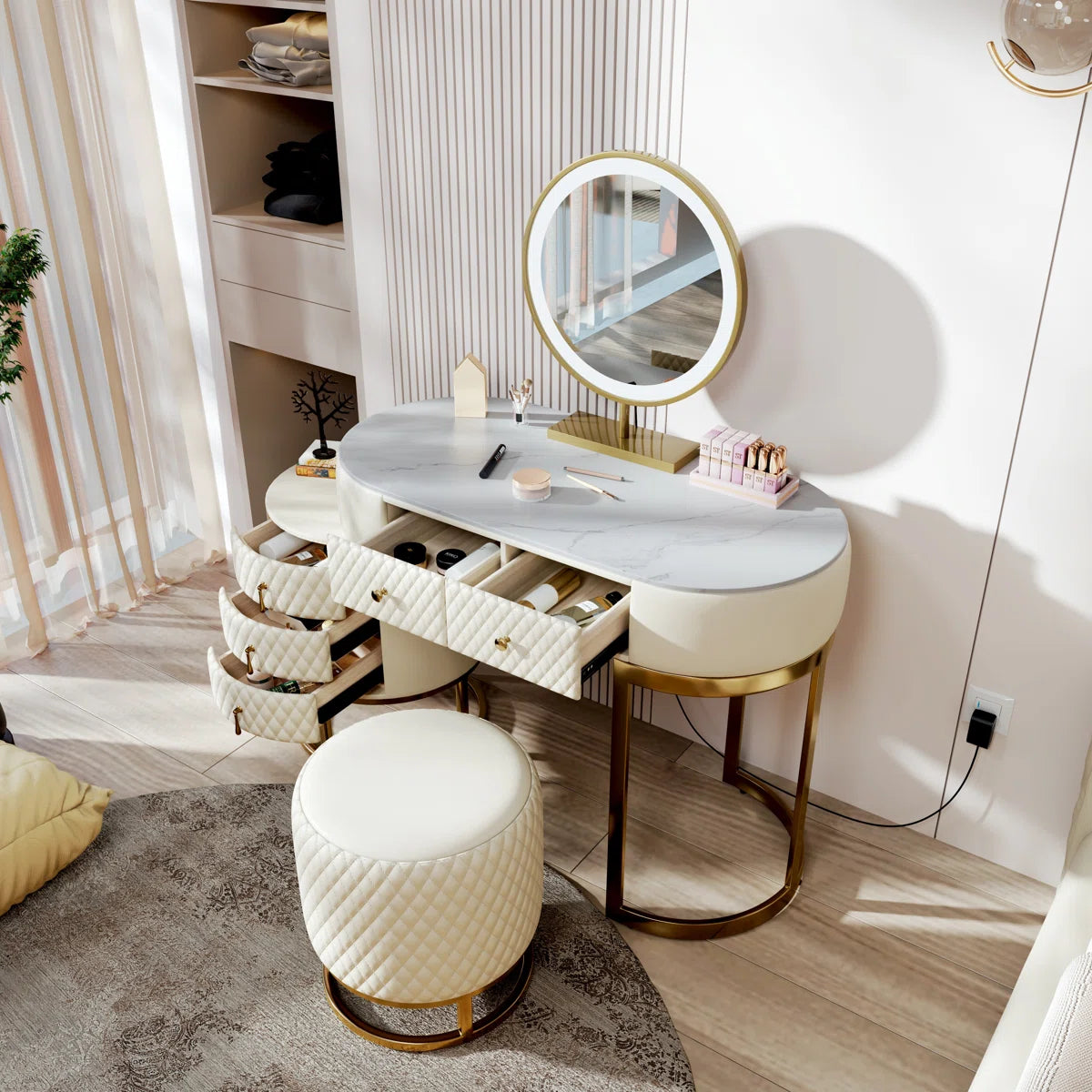 Pine Wood Vanity Set with Lighted Standing Mirror, Marble Top & Storage – Includes Stool