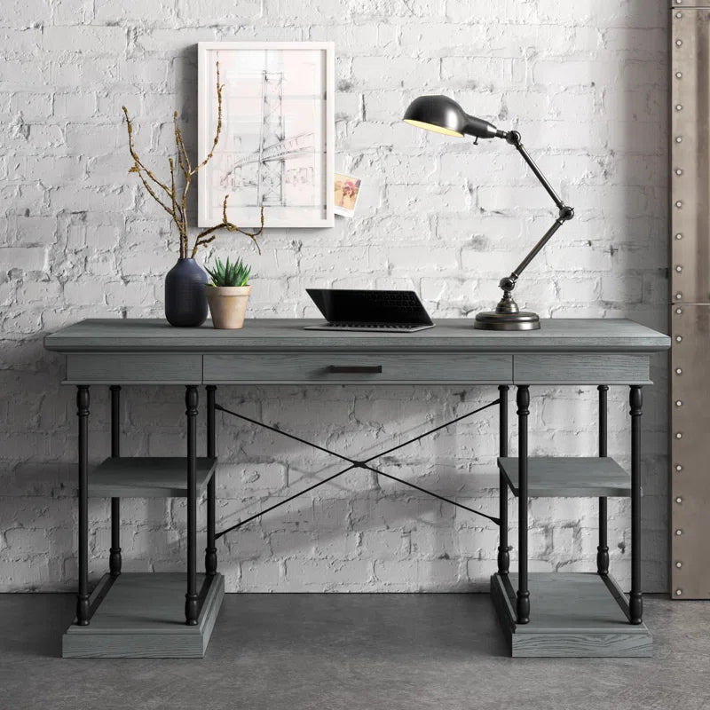Rectangular Wooden Writing Desk with A Drawer & Shelves Storage