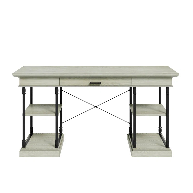 Rectangular Wooden Writing Desk with A Drawer & Shelves Storage