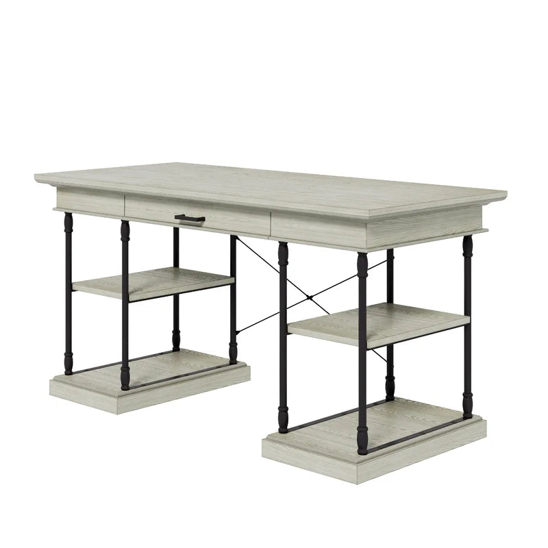 Rectangular Wooden Writing Desk with A Drawer & Shelves Storage