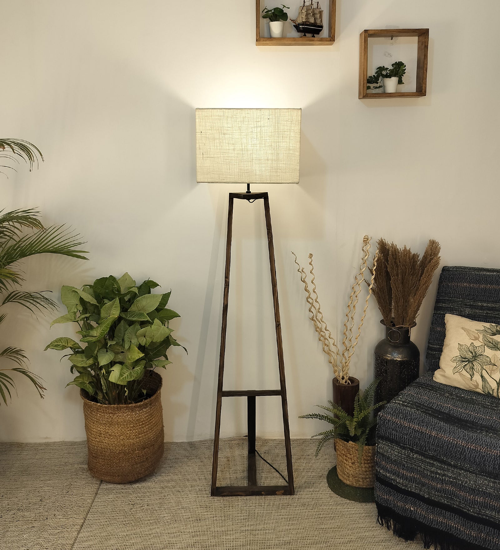 Catapult Wooden Floor Lamp with Brown Base Premium Beige Fabric Lampshade (BULB NOT INCLUDED)