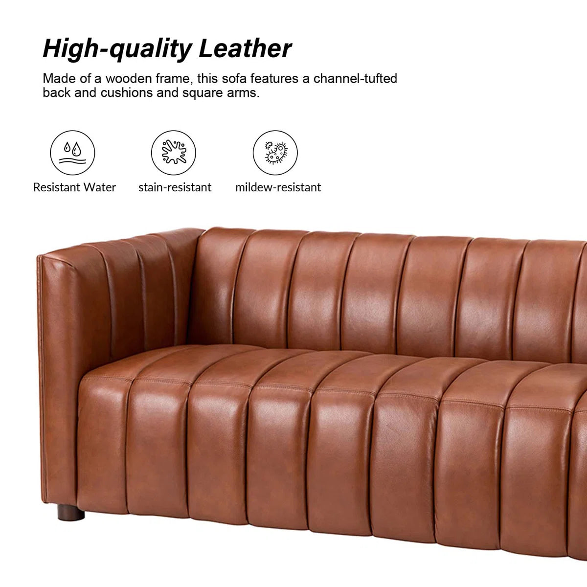 Modern Channel Tufted Leather Sofa | 3-Seater Upholstered Couch with Vertical Stitch Design | Luxury Living Room Sofa
