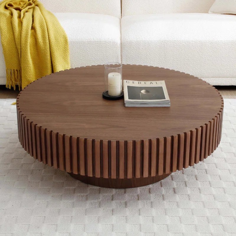 Modern Round Coffee Table with Fluted Gear Design | Luxury MDF Pedestal Center Table for Living Room
