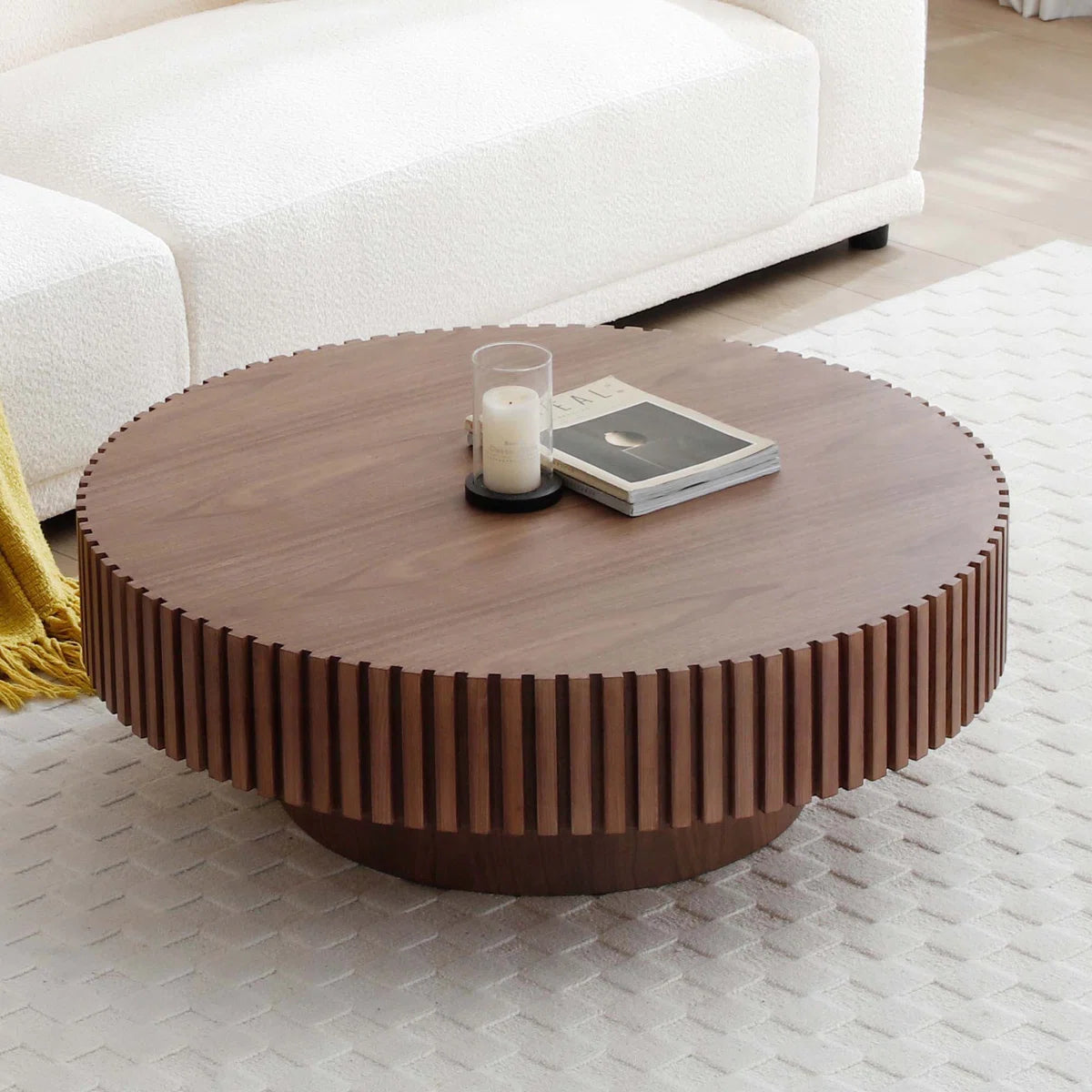 Modern Round Coffee Table with Fluted Gear Design | Luxury MDF Pedestal Center Table for Living Room