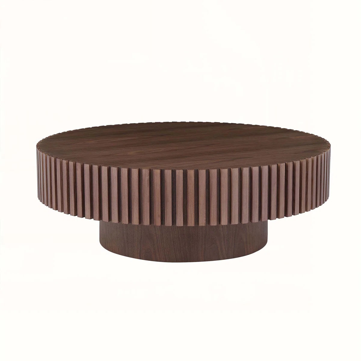 Modern Round Coffee Table with Fluted Gear Design | Luxury MDF Pedestal Center Table for Living Room