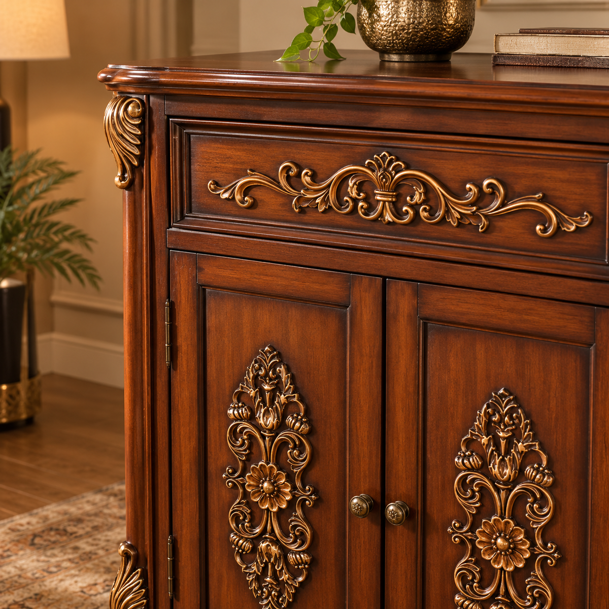 Antique Wooden Storage Cabinet with Gold Carved Detailing, Traditional 2-Door Sideboard for Living Room, Bedroom and Entryway