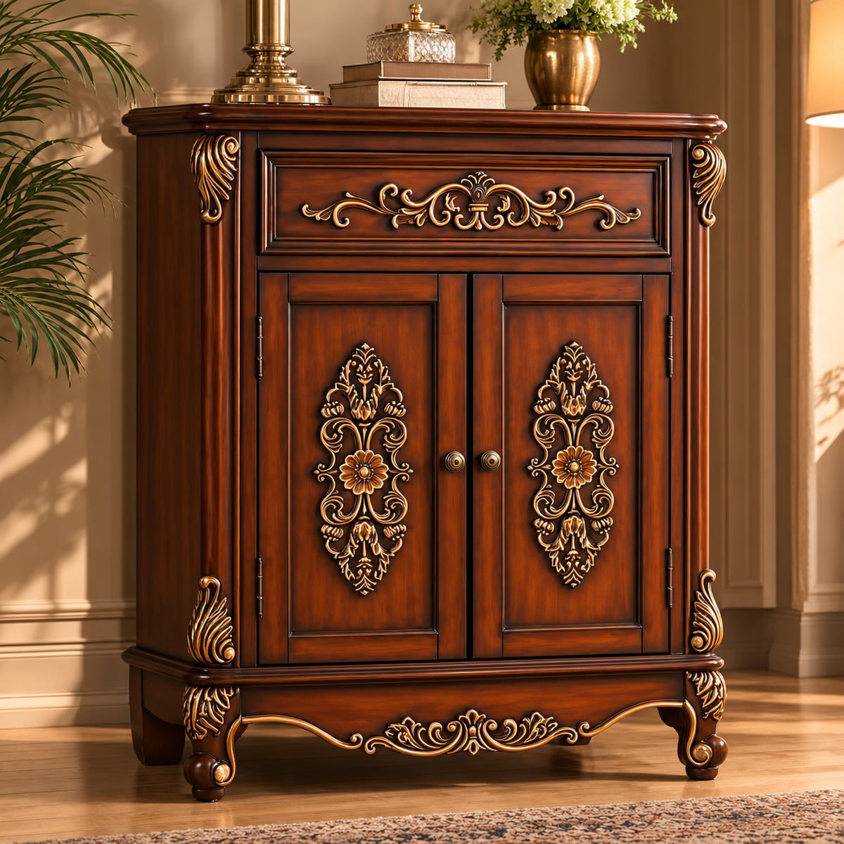 Antique Wooden Storage Cabinet with Gold Carved Detailing, Traditional 2-Door Sideboard for Living Room, Bedroom and Entryway