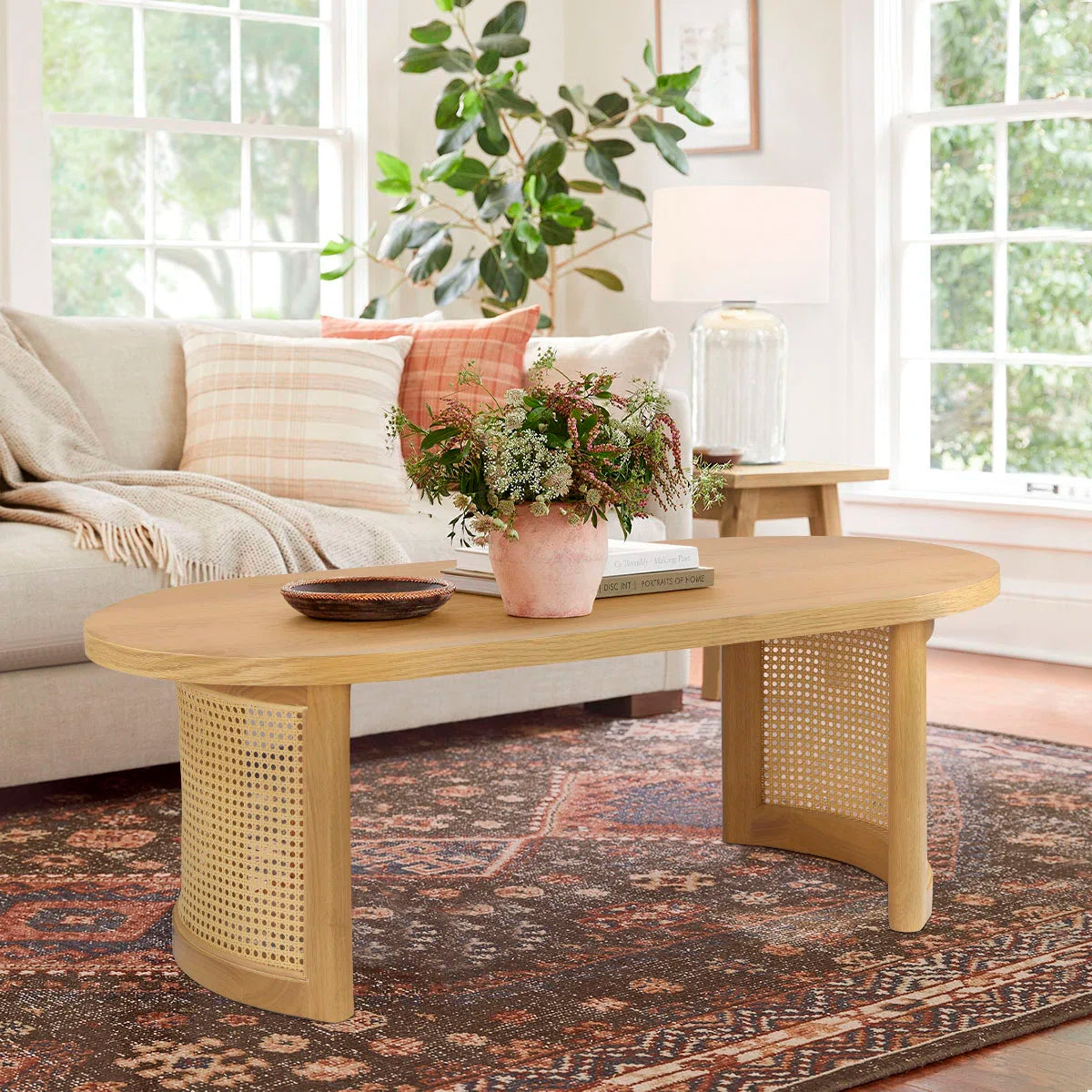 Antowine 48" Oval Solid White Oak Rattan Coffee Table- OUCH CART | Center table