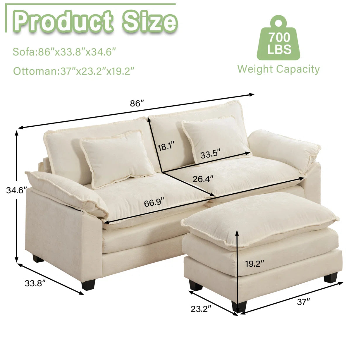 Comfy Cloud Sofa with Ottoman | Modern Upholstered 2-Seater Couch | Deep Seat Loveseat with Cushions