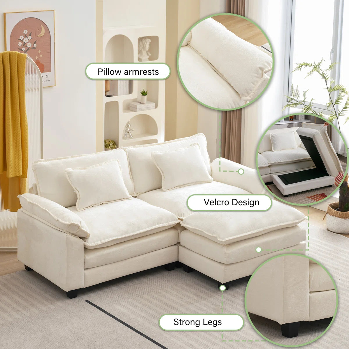Comfy Cloud Sofa with Ottoman | Modern Upholstered 2-Seater Couch | Deep Seat Loveseat with Cushions
