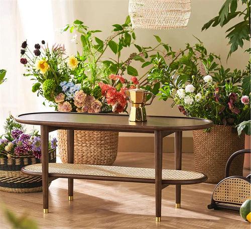 soundrya Coffee Table with Rattan Shelf Storage