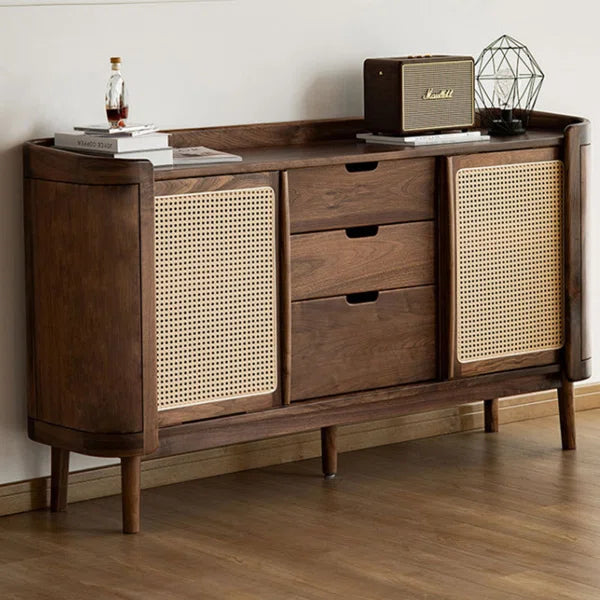 Modern White Oak Sideboard Cabinet with Rattan Sliding Doors and Storage Drawers