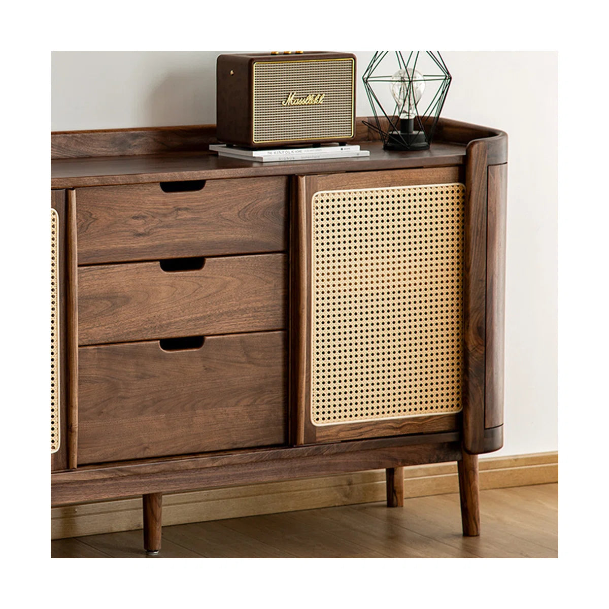 Modern White Oak Sideboard Cabinet with Rattan Sliding Doors and Storage Drawers