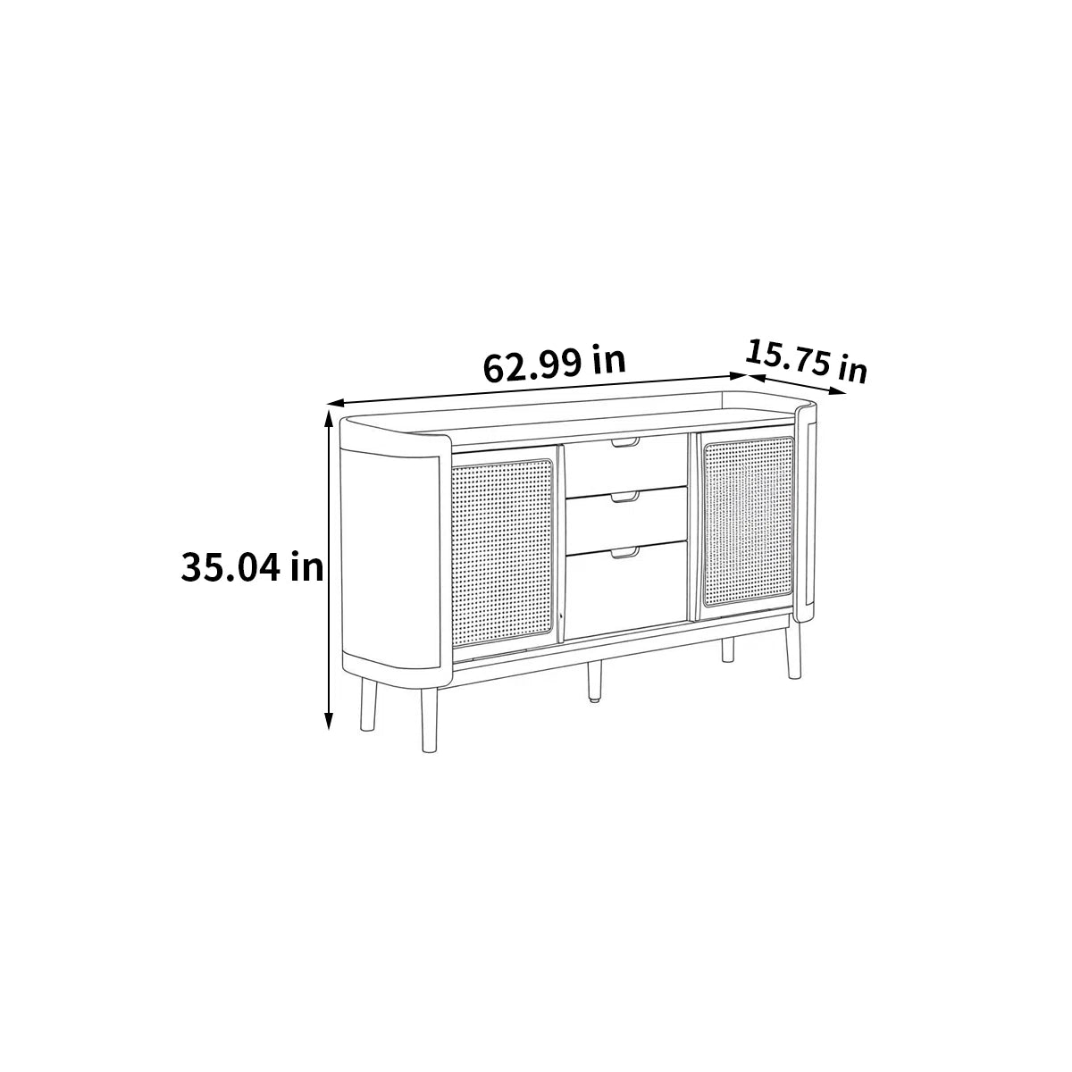 Modern White Oak Sideboard Cabinet with Rattan Sliding Doors and Storage Drawers
