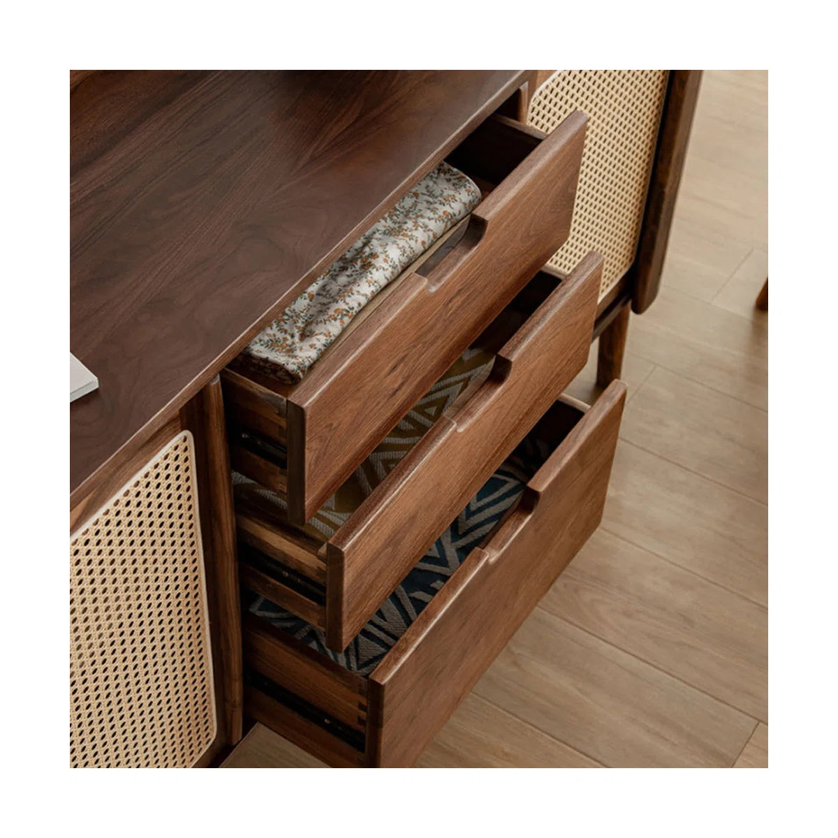 Modern White Oak Sideboard Cabinet with Rattan Sliding Doors and Storage Drawers